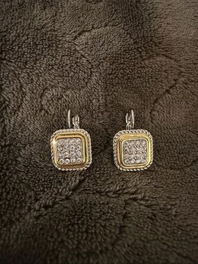 Two-Tone Gold and Silver Pavé Square Drop Earrings